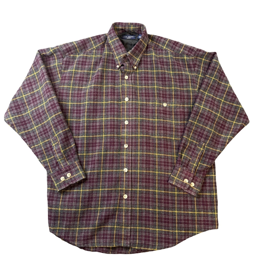 Ivy Crew Classics Mens Sz L Burgundy Plaid Flannel Button Down Shirt Long Sleeve